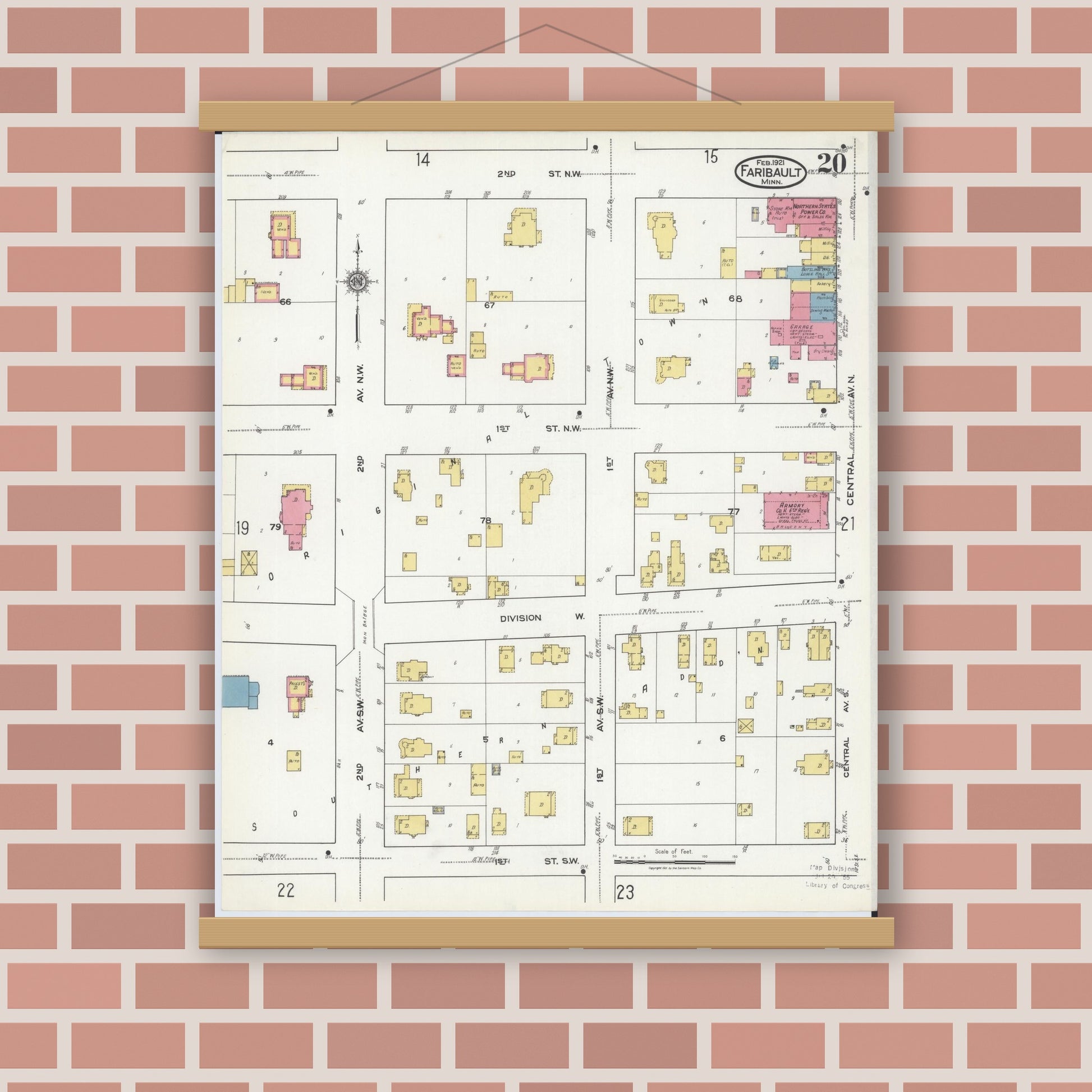 Old map wall art mockup — magnetic wood frame on brick wall — Sanborn Fire Insurance Map from Faribault, Rice County, Minnesota (1921), Sheet #0020