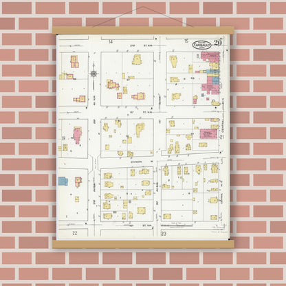 Old map wall art mockup — magnetic wood frame on brick wall — Sanborn Fire Insurance Map from Faribault, Rice County, Minnesota (1921), Sheet #0020