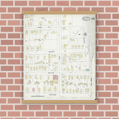 Old map wall art mockup — magnetic wood frame on brick wall — Sanborn Fire Insurance Map from Joliet, Will County, Illinois (1891), Sheet #0014