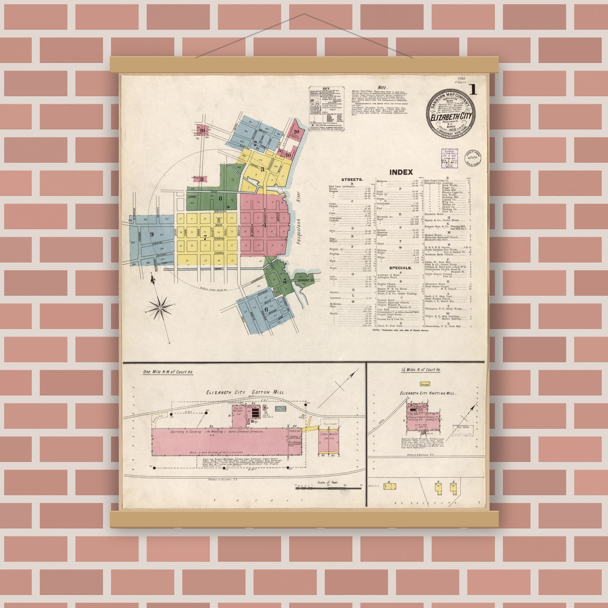Old map wall art mockup — magnetic wood frame on brick wall — Sanborn Fire Insurance Map from Elizabeth City, Pasquotank County, North Carolina (1902), Sheet #0001