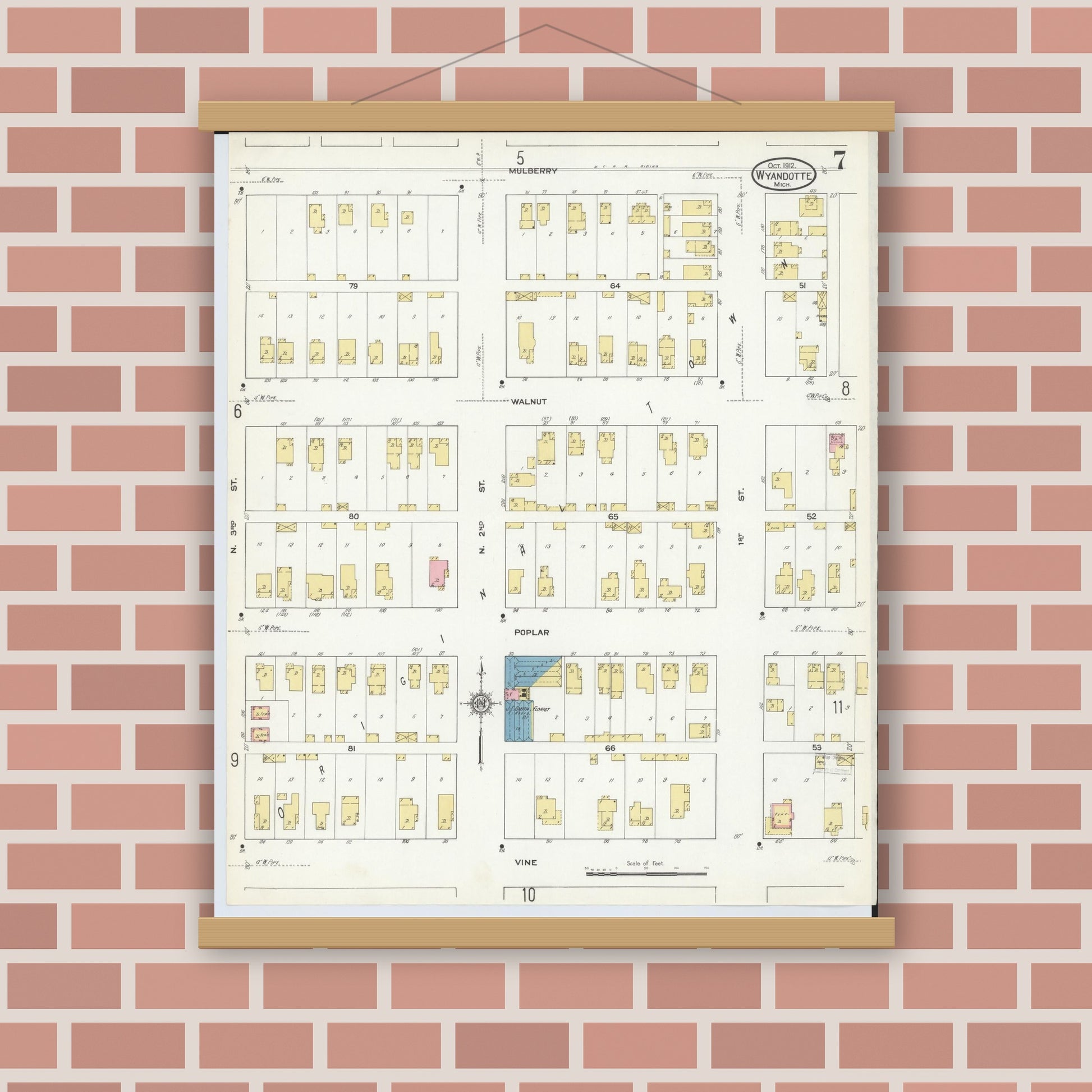 Old map wall art mockup — magnetic wood frame on brick wall — Sanborn Fire Insurance Map from Wyandotte, Wayne County, Michigan (1912), Sheet #0007