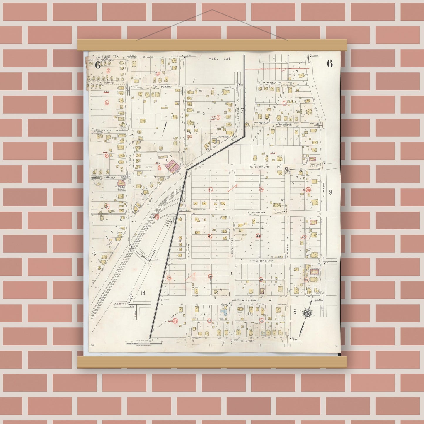 Old map wall art mockup — magnetic wood frame on brick wall — Sanborn Fire Insurance Map from Palestine, Anderson County, Texas (1949), Sheet #0006