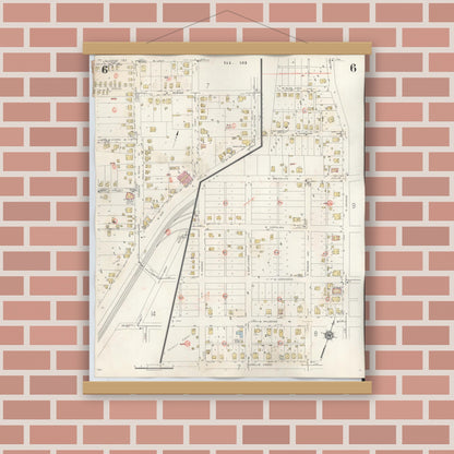 Old map wall art mockup — magnetic wood frame on brick wall — Sanborn Fire Insurance Map from Palestine, Anderson County, Texas (1949), Sheet #0006