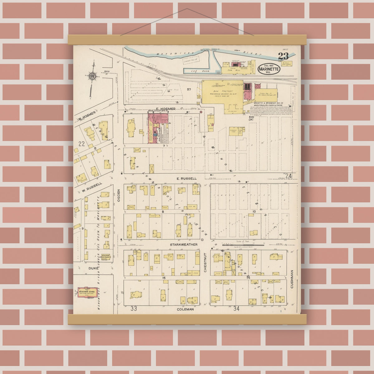 Old map wall art mockup — magnetic wood frame on brick wall — Sanborn Fire Insurance Map from Marinette, Marinette County, Wisconsin (1921), Sheet #0023