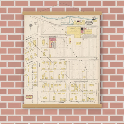 Old map wall art mockup — magnetic wood frame on brick wall — Sanborn Fire Insurance Map from Marinette, Marinette County, Wisconsin (1921), Sheet #0023