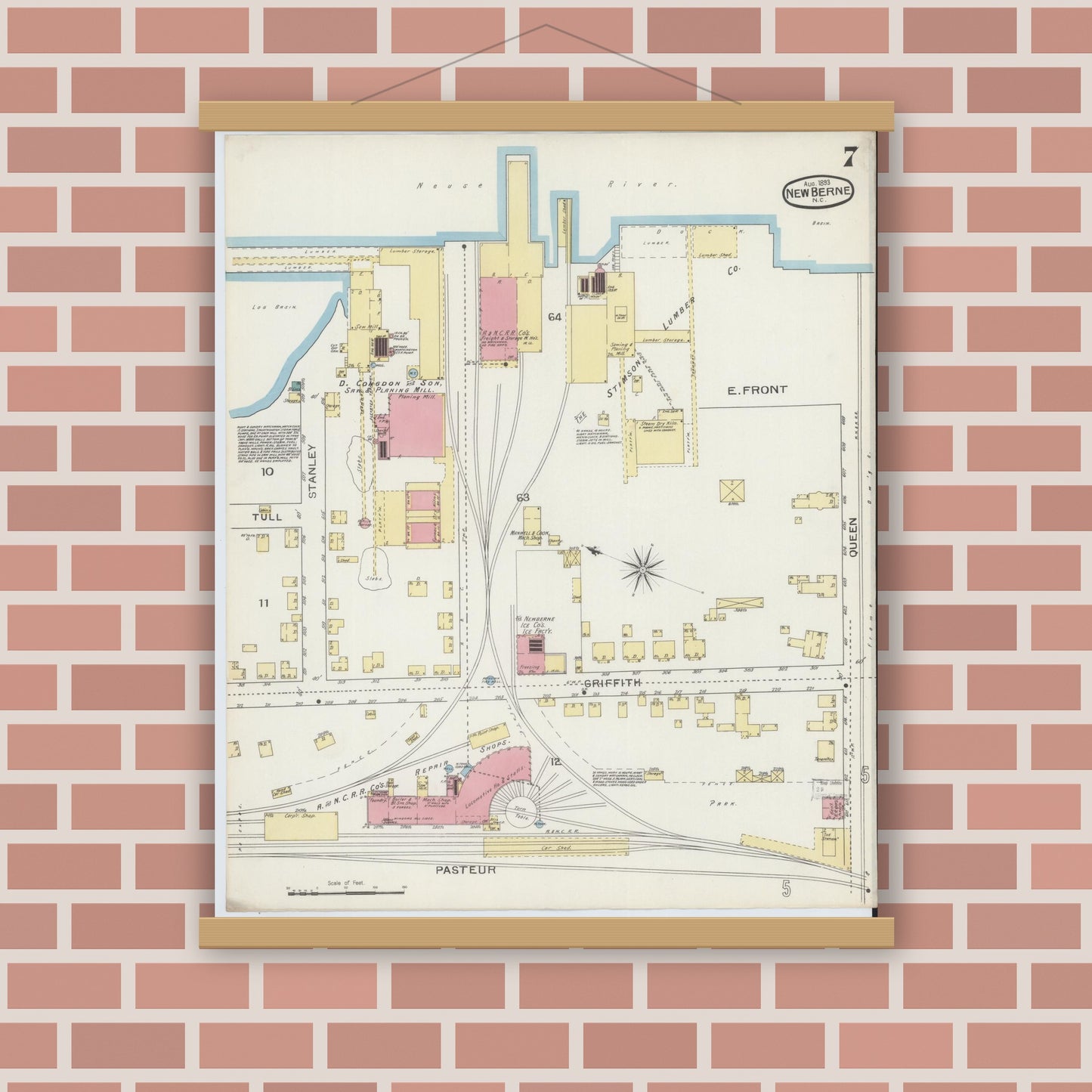 Old map wall art mockup — magnetic wood frame on brick wall — Sanborn Fire Insurance Map from New Bern, Craven County, North Carolina (1893), Sheet #0007