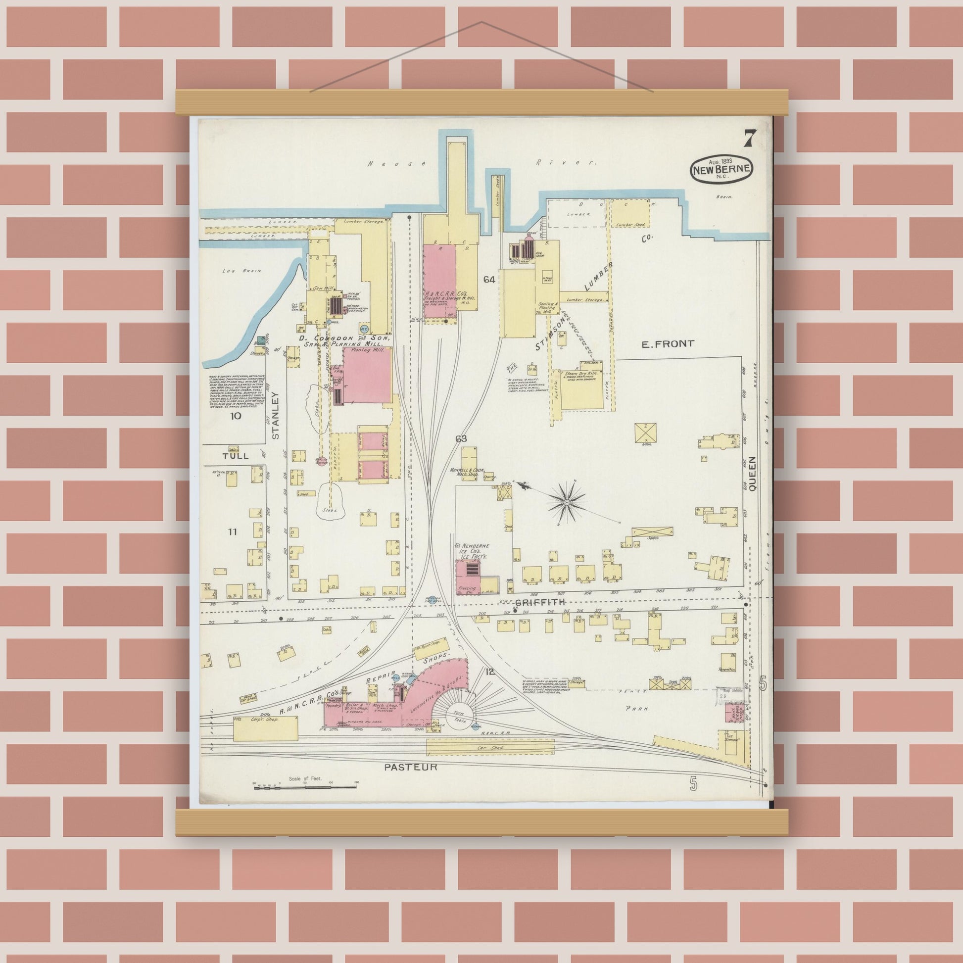 Old map wall art mockup — magnetic wood frame on brick wall — Sanborn Fire Insurance Map from New Bern, Craven County, North Carolina (1893), Sheet #0007