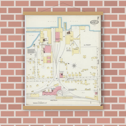 Old map wall art mockup — magnetic wood frame on brick wall — Sanborn Fire Insurance Map from New Bern, Craven County, North Carolina (1893), Sheet #0007