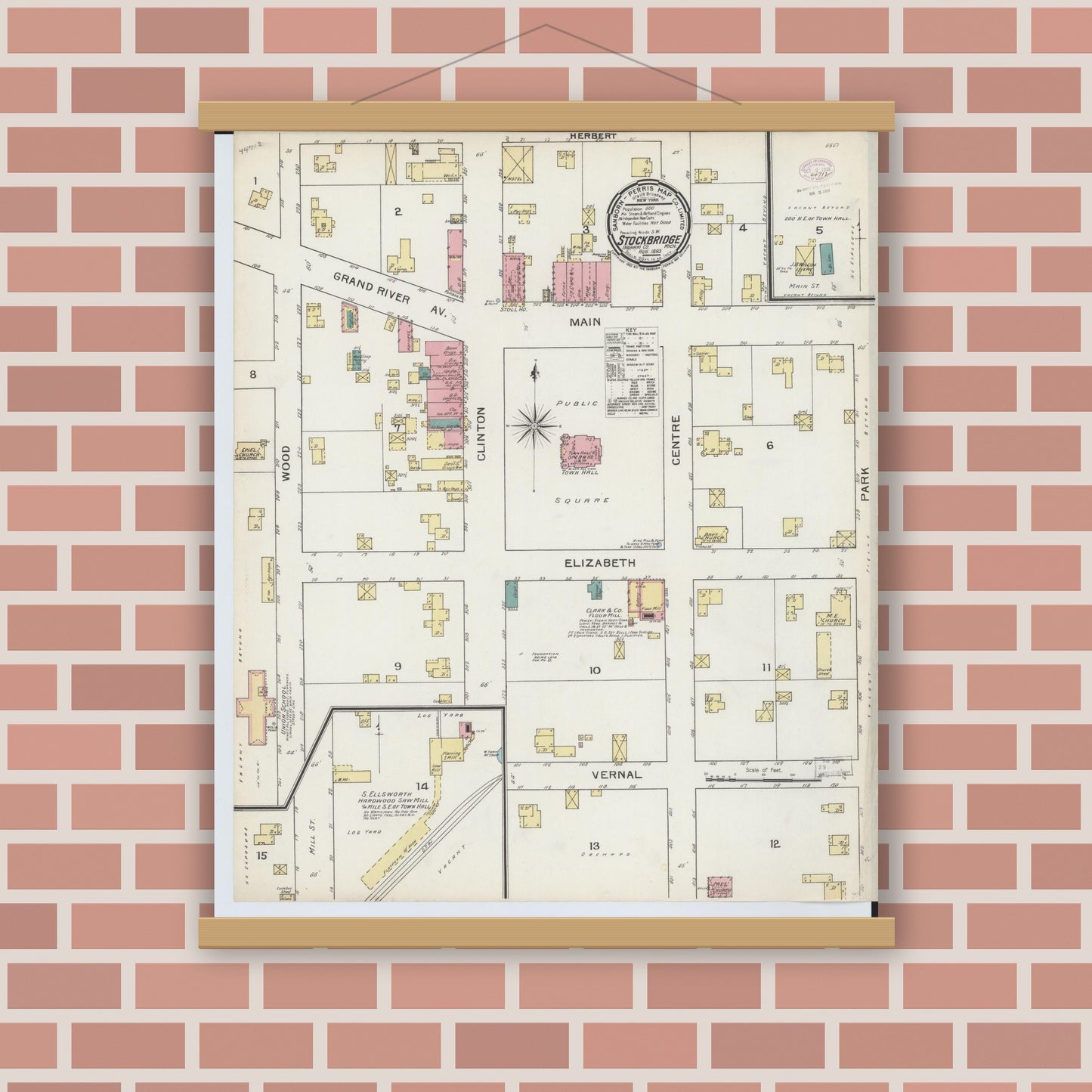 Old map wall art mockup — magnetic wood frame on brick wall — Sanborn Fire Insurance Map from Stockbridge, Ingham County, Michigan (1893), Sheet #0001