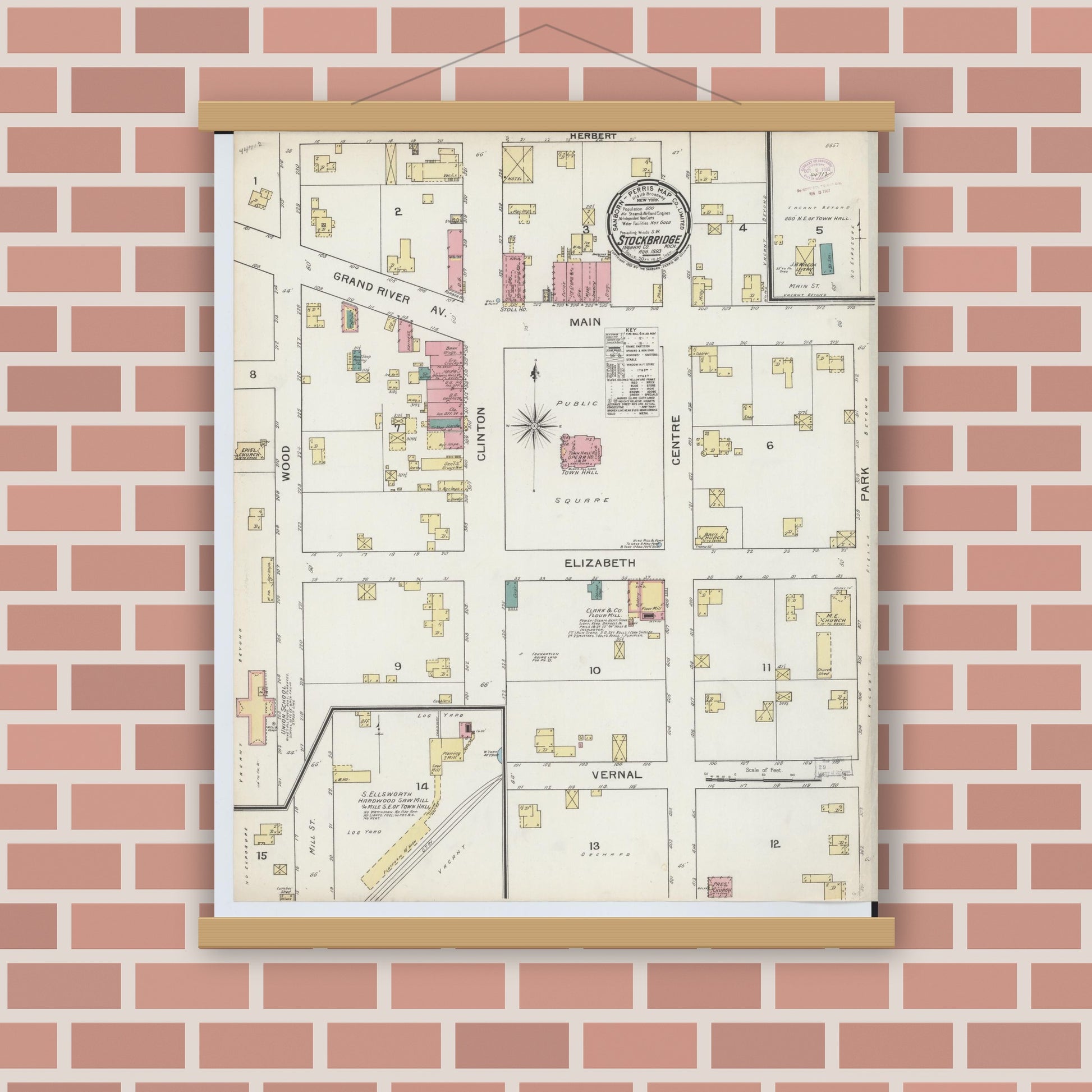 Old map wall art mockup — magnetic wood frame on brick wall — Sanborn Fire Insurance Map from Stockbridge, Ingham County, Michigan (1893), Sheet #0001