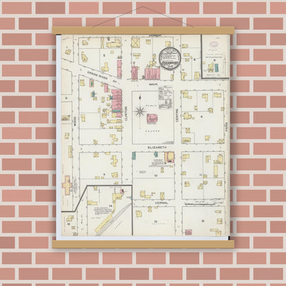 Old map wall art mockup — magnetic wood frame on brick wall — Sanborn Fire Insurance Map from Stockbridge, Ingham County, Michigan (1893), Sheet #0001