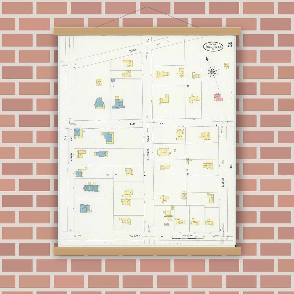 Old map wall art mockup — magnetic wood frame on brick wall — Sanborn Fire Insurance Map from Swarthmore, Delaware County, Pennsylvania (1909), Sheet #0003
