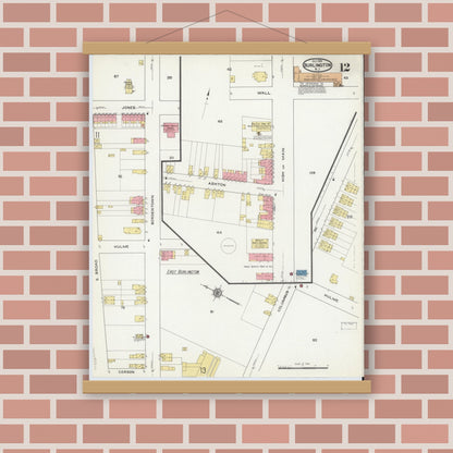 Old map wall art mockup — magnetic wood frame on brick wall — Sanborn Fire Insurance Map from Burlington, Burlington County, New Jersey (1915), Sheet #0012