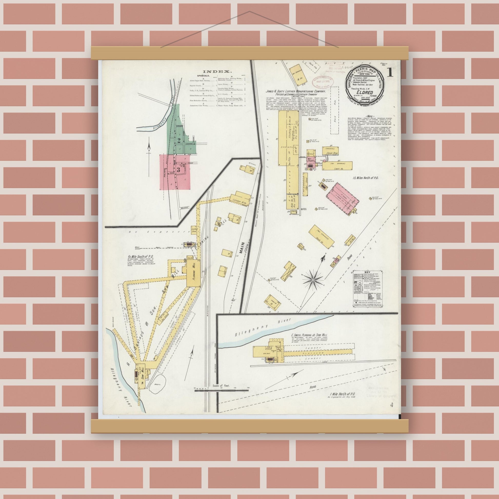 Old map wall art mockup — magnetic wood frame on brick wall — Sanborn Fire Insurance Map from Eldred, McKean County, Pennsylvania (1899), Sheet #0001