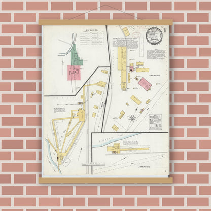 Old map wall art mockup — magnetic wood frame on brick wall — Sanborn Fire Insurance Map from Eldred, McKean County, Pennsylvania (1899), Sheet #0001