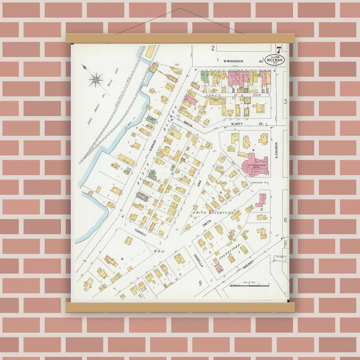 Old map wall art mockup — magnetic wood frame on brick wall — Sanborn Fire Insurance Map from Neenah, Winnebago County, Wisconsin (1900), Sheet #0007