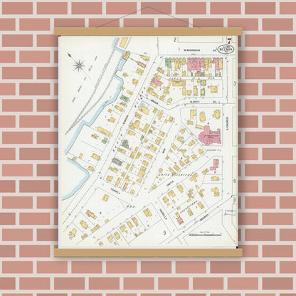 Old map wall art mockup — magnetic wood frame on brick wall — Sanborn Fire Insurance Map from Neenah, Winnebago County, Wisconsin (1900), Sheet #0007