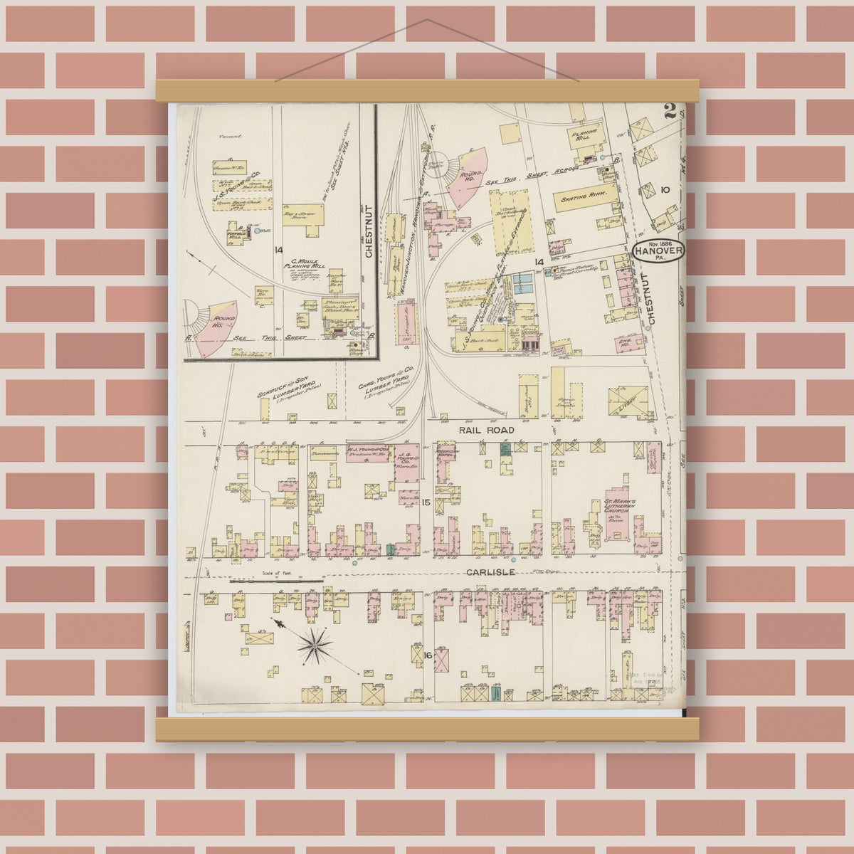 Old map wall art mockup — magnetic wood frame on brick wall — Sanborn Fire Insurance Map from Hanover, York County, Pennsylvania (1886), Sheet #0002