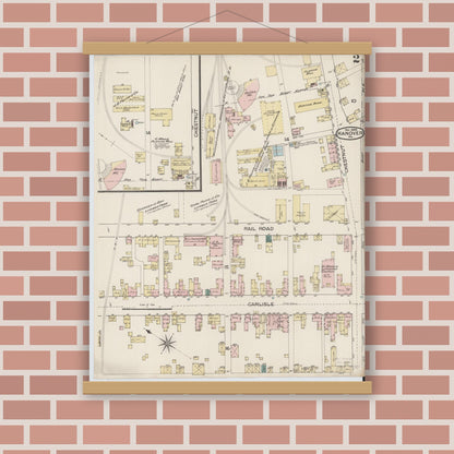 Old map wall art mockup — magnetic wood frame on brick wall — Sanborn Fire Insurance Map from Hanover, York County, Pennsylvania (1886), Sheet #0002
