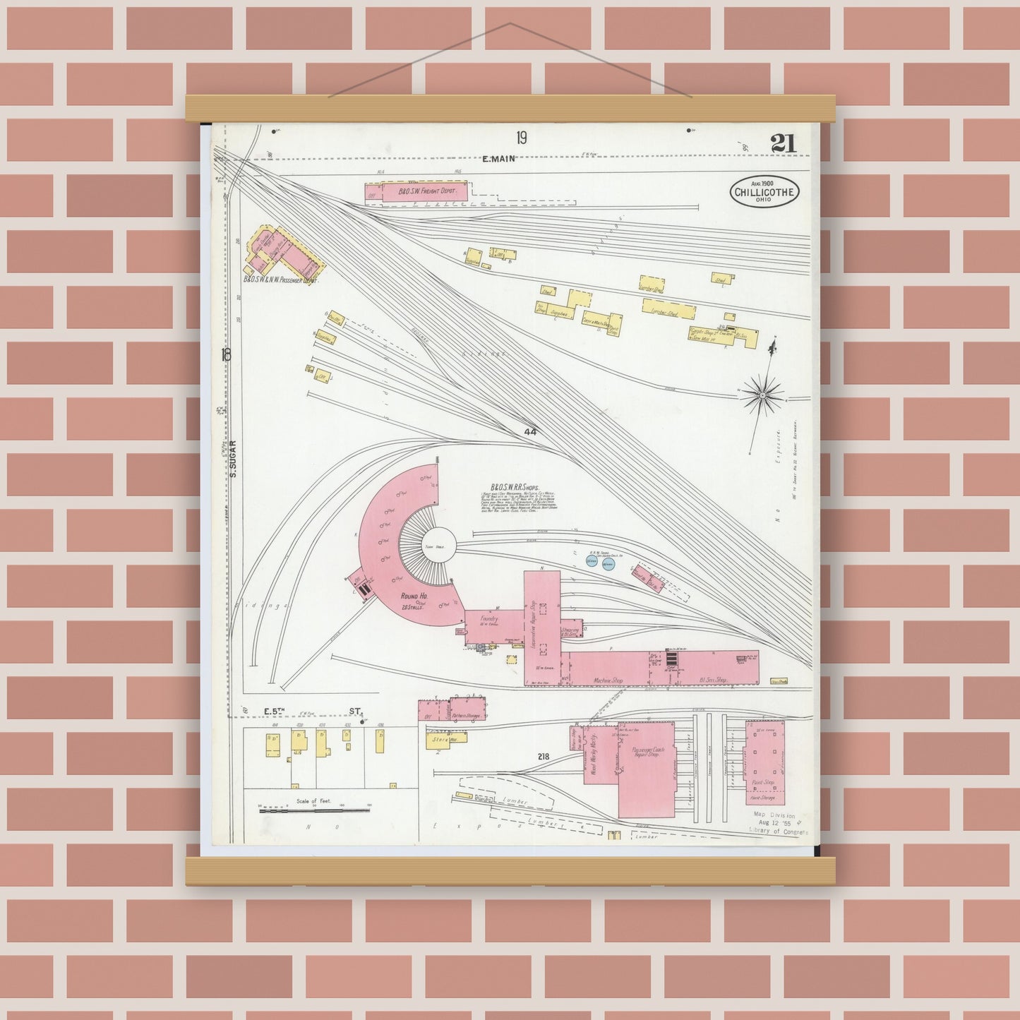 Old map wall art mockup — magnetic wood frame on brick wall — Sanborn Fire Insurance Map from Chillicothe, Ross County, Ohio (1900), Sheet #0021