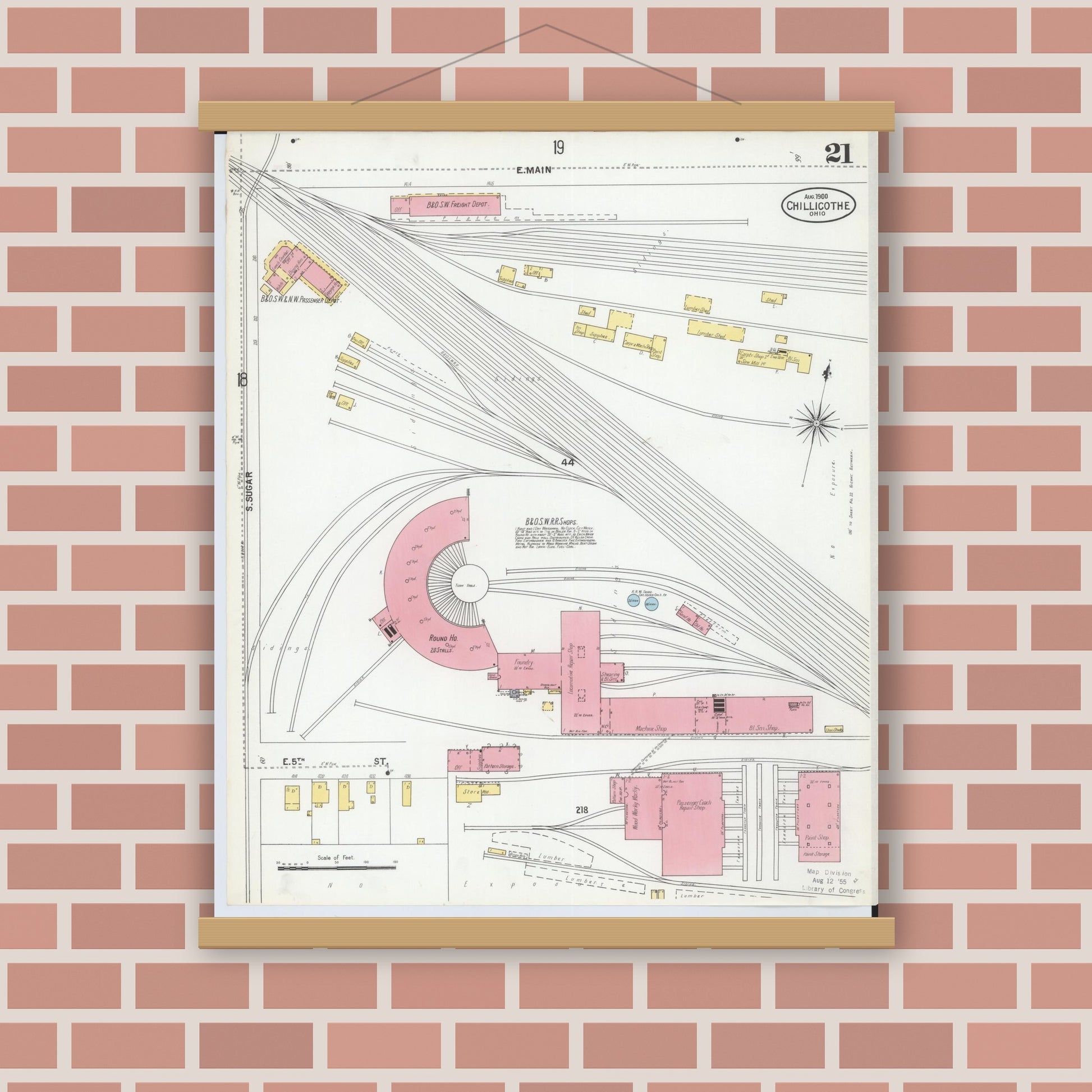 Old map wall art mockup — magnetic wood frame on brick wall — Sanborn Fire Insurance Map from Chillicothe, Ross County, Ohio (1900), Sheet #0021