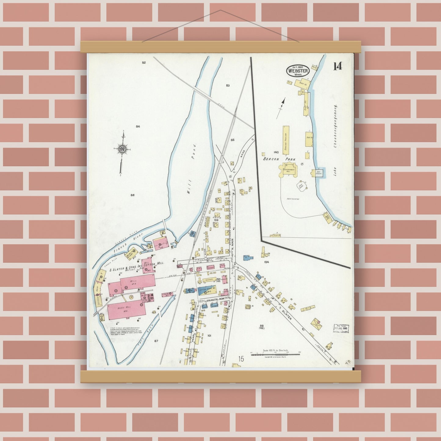 Old map wall art mockup — magnetic wood frame on brick wall — Sanborn Fire Insurance Map from Webster, Worcester County, Massachusetts (1920), Sheet #0014