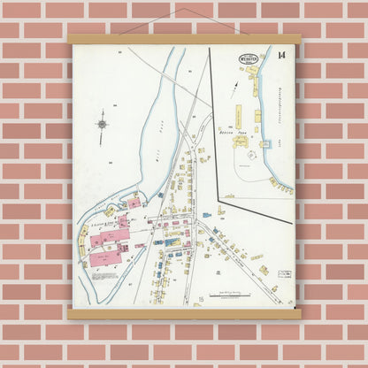 Old map wall art mockup — magnetic wood frame on brick wall — Sanborn Fire Insurance Map from Webster, Worcester County, Massachusetts (1920), Sheet #0014