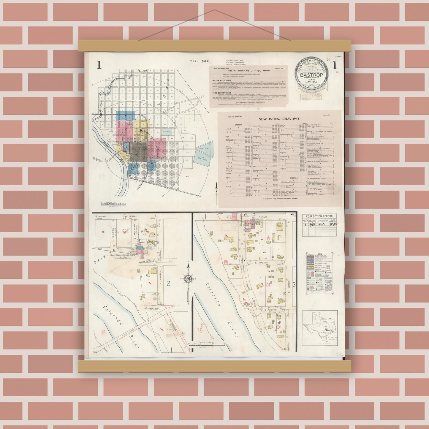 Old map wall art mockup — magnetic wood frame on brick wall — Sanborn Fire Insurance Map from Bastrop, Bastrop County, Texas (1944) - Complete Map Set