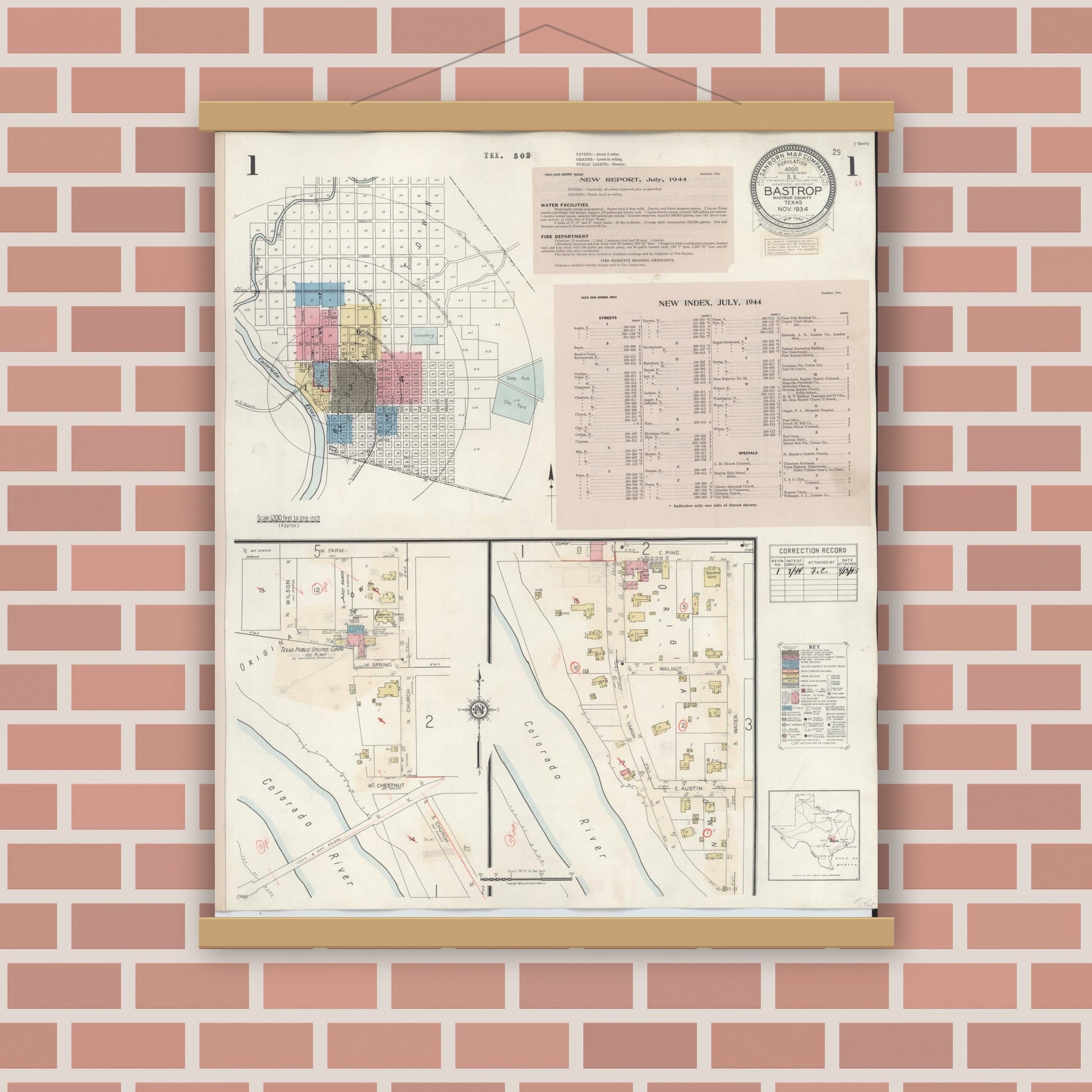Old map wall art mockup — magnetic wood frame on brick wall — Sanborn Fire Insurance Map from Bastrop, Bastrop County, Texas (1944) - Complete Map Set