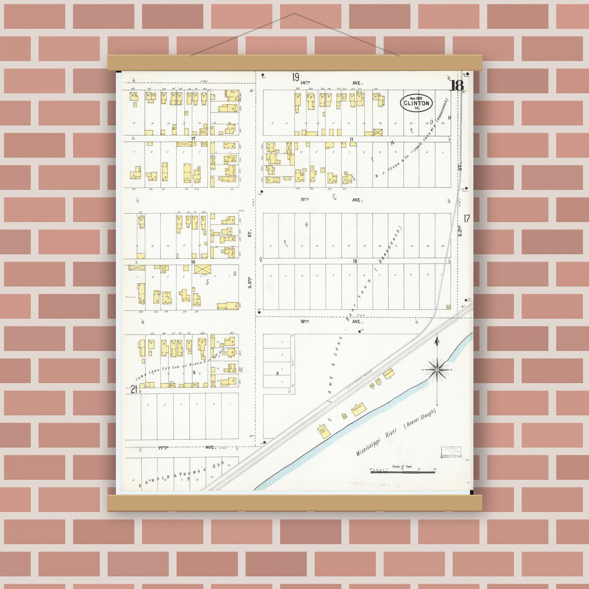 Old map wall art mockup — magnetic wood frame on brick wall — Sanborn Fire Insurance Map from Clinton, Clinton County, Iowa (1902), Sheet #0018