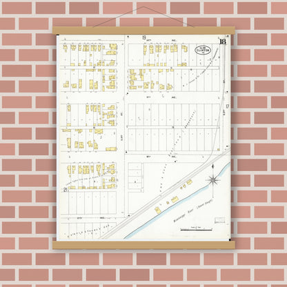 Old map wall art mockup — magnetic wood frame on brick wall — Sanborn Fire Insurance Map from Clinton, Clinton County, Iowa (1902), Sheet #0018