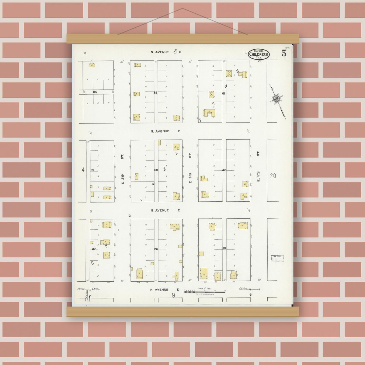 Old map wall art mockup — magnetic wood frame on brick wall — Sanborn Fire Insurance Map from Childress, Childress County, Texas (1921), Sheet #0005