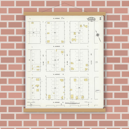 Old map wall art mockup — magnetic wood frame on brick wall — Sanborn Fire Insurance Map from Childress, Childress County, Texas (1921), Sheet #0005
