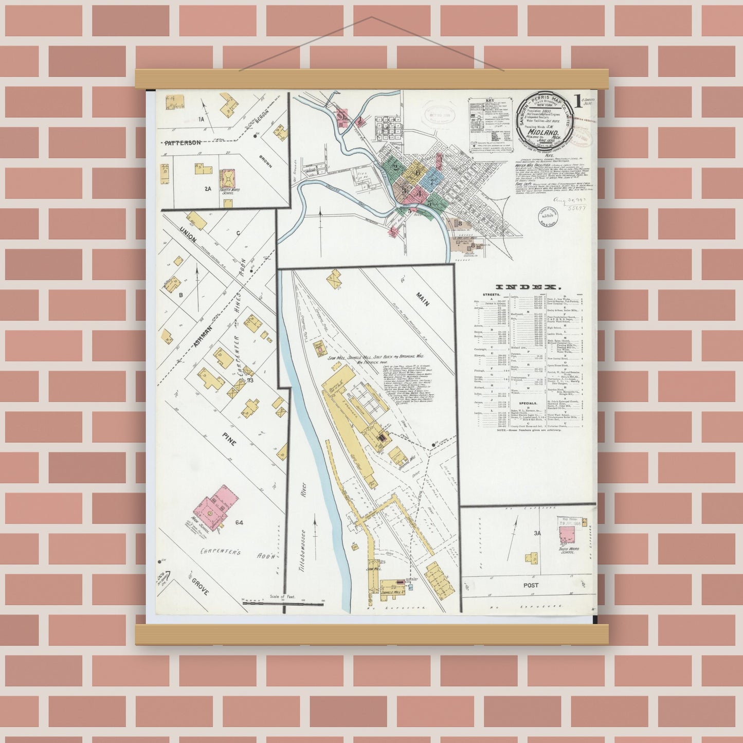 Old map wall art mockup — magnetic wood frame on brick wall — Sanborn Fire Insurance Map from Midland, Midland County, Michigan (1899) - Complete Map Set