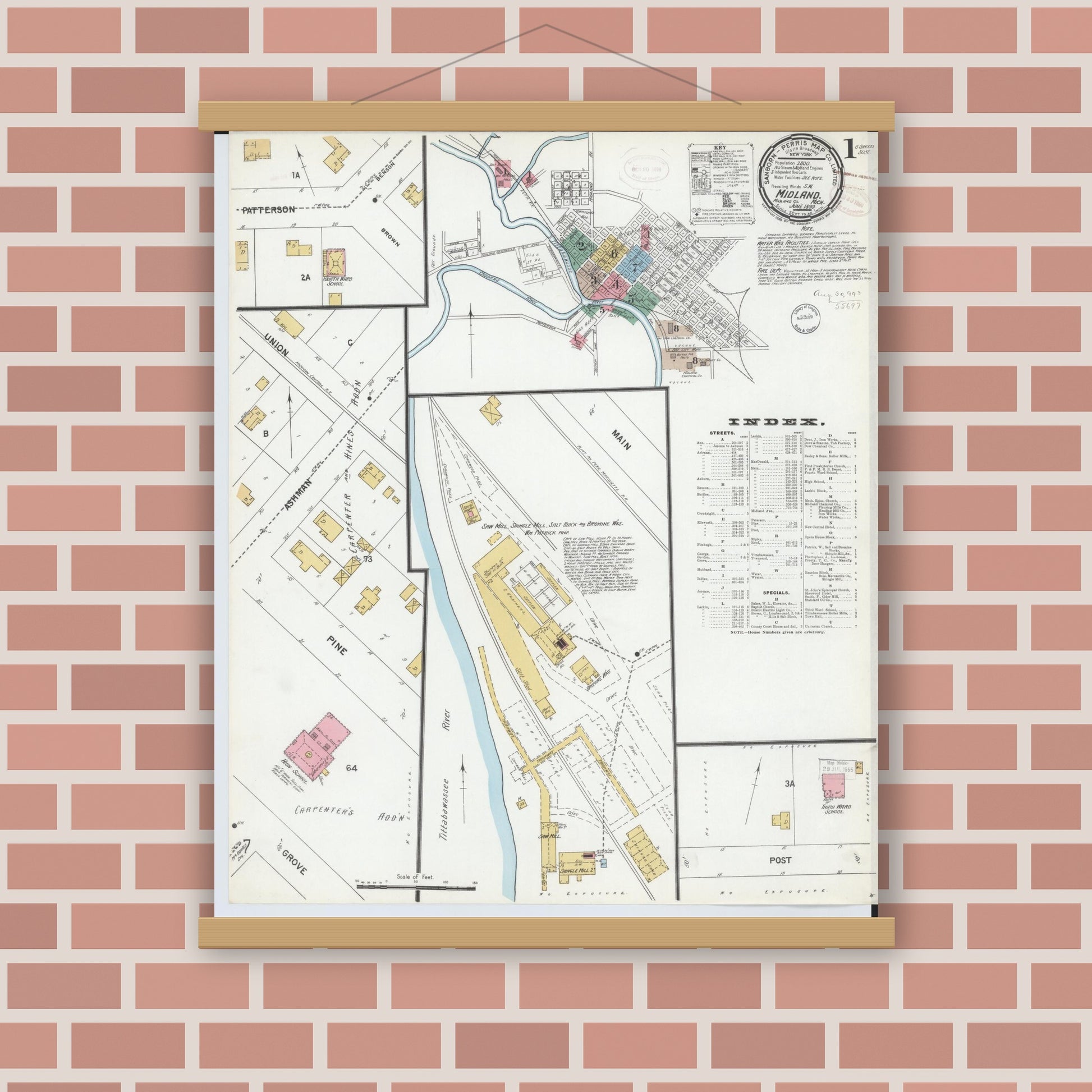 Old map wall art mockup — magnetic wood frame on brick wall — Sanborn Fire Insurance Map from Midland, Midland County, Michigan (1899) - Complete Map Set