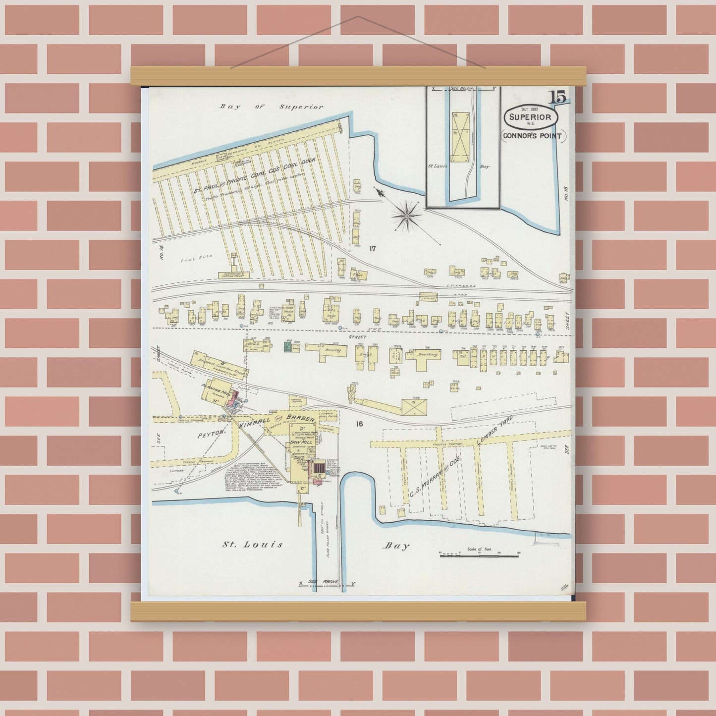 Old map wall art mockup — magnetic wood frame on brick wall — Sanborn Fire Insurance Map from Superior, Douglas County, Wisconsin (1889), Sheet #0015