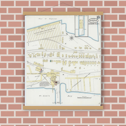 Old map wall art mockup — magnetic wood frame on brick wall — Sanborn Fire Insurance Map from Superior, Douglas County, Wisconsin (1889), Sheet #0015
