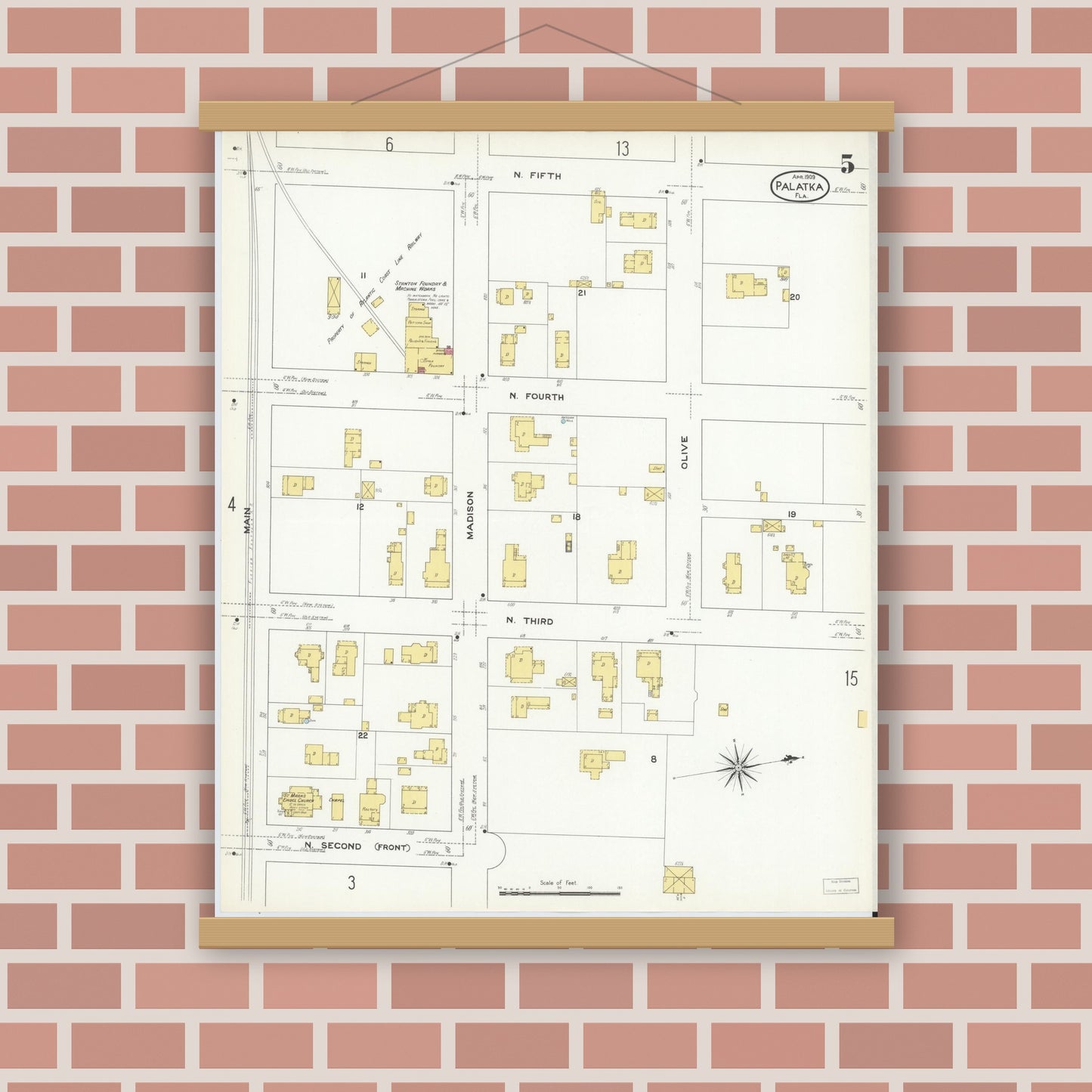 Old map wall art mockup — magnetic wood frame on brick wall — Sanborn Fire Insurance Map from Palatka, Putnam County, Florida (1909), Sheet #0005