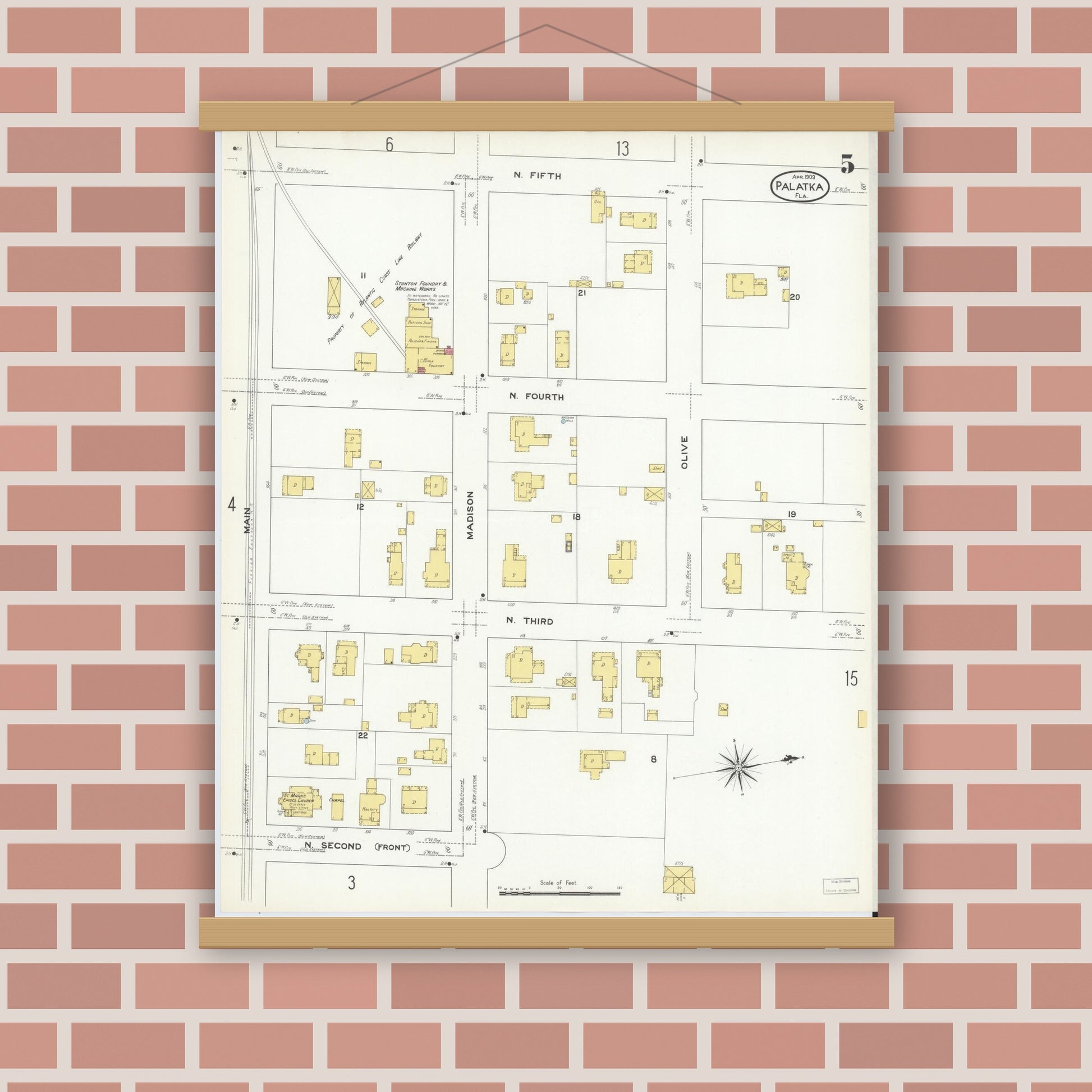 Old map wall art mockup — magnetic wood frame on brick wall — Sanborn Fire Insurance Map from Palatka, Putnam County, Florida (1909), Sheet #0005