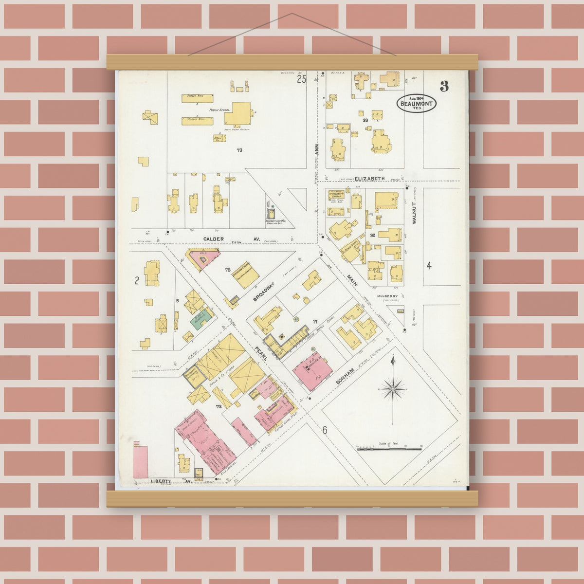 Old map wall art mockup — magnetic wood frame on brick wall — Sanborn Fire Insurance Map from Beaumont, Jefferson County, Texas (1904), Sheet #0003