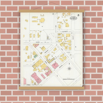 Old map wall art mockup — magnetic wood frame on brick wall — Sanborn Fire Insurance Map from Beaumont, Jefferson County, Texas (1904), Sheet #0003