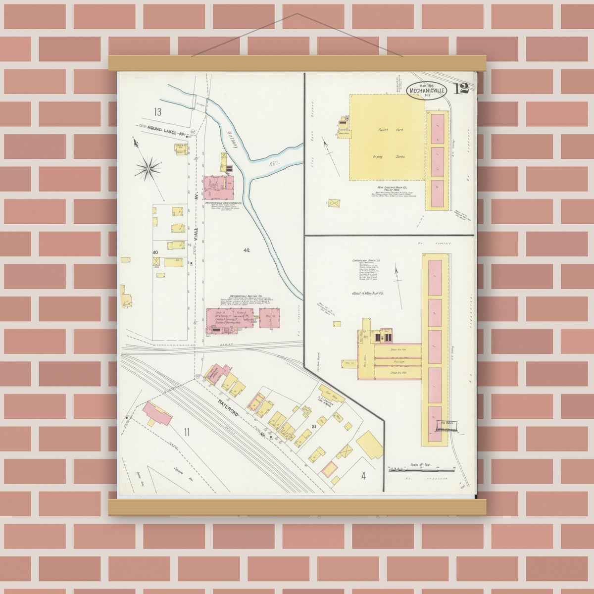 Old map wall art mockup — magnetic wood frame on brick wall — Sanborn Fire Insurance Map from Mechanicville, Saratoga County, New York (1904), Sheet #0011
