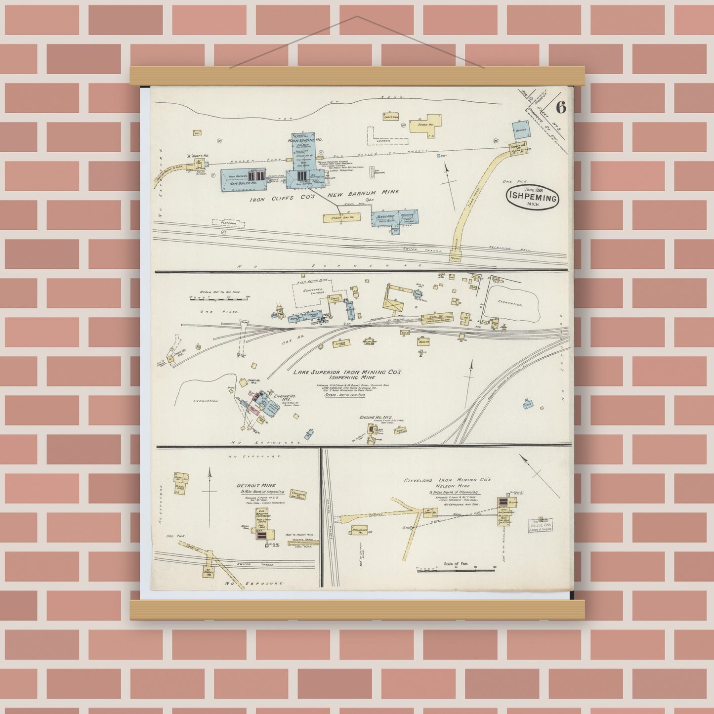 Old map wall art mockup — magnetic wood frame on brick wall — Sanborn Fire Insurance Map from Ishpeming, Marquette County, Michigan (1888), Sheet #0006