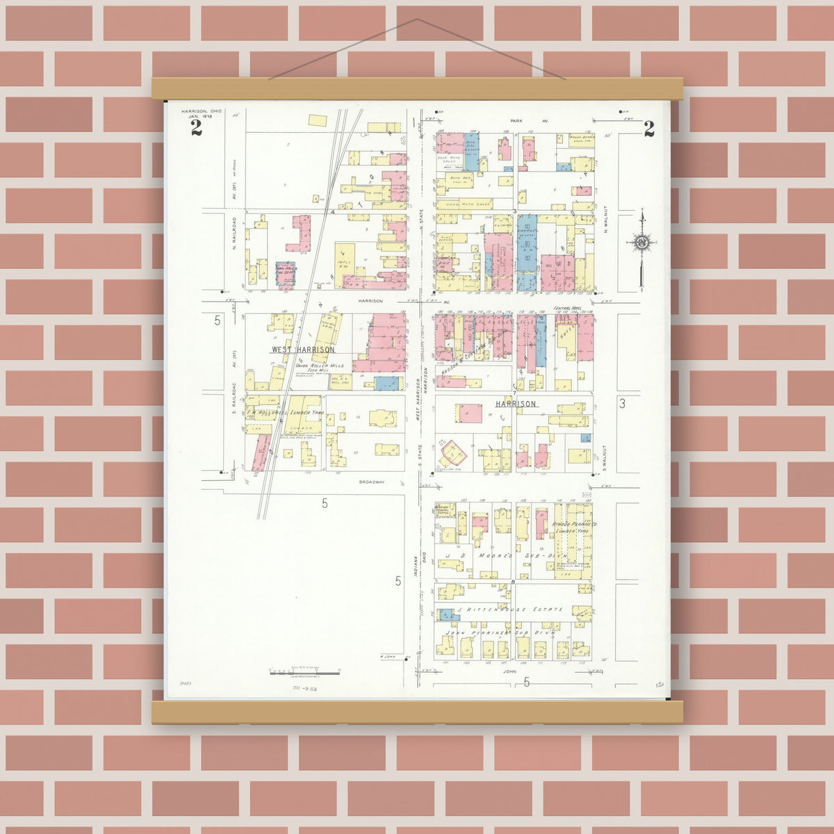 Old map wall art mockup — magnetic wood frame on brick wall — Sanborn Fire Insurance Map from Harrison, Hamilton County, Ohio (1938), Sheet #0002