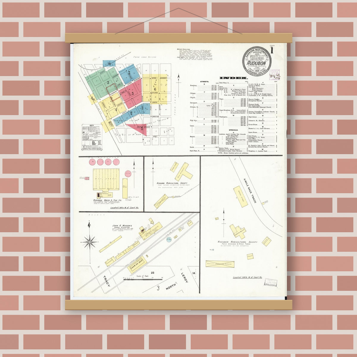 Old map wall art mockup — magnetic wood frame on brick wall — Sanborn Fire Insurance Map from Audubon, Audubon County, Iowa (1908), Sheet #0001