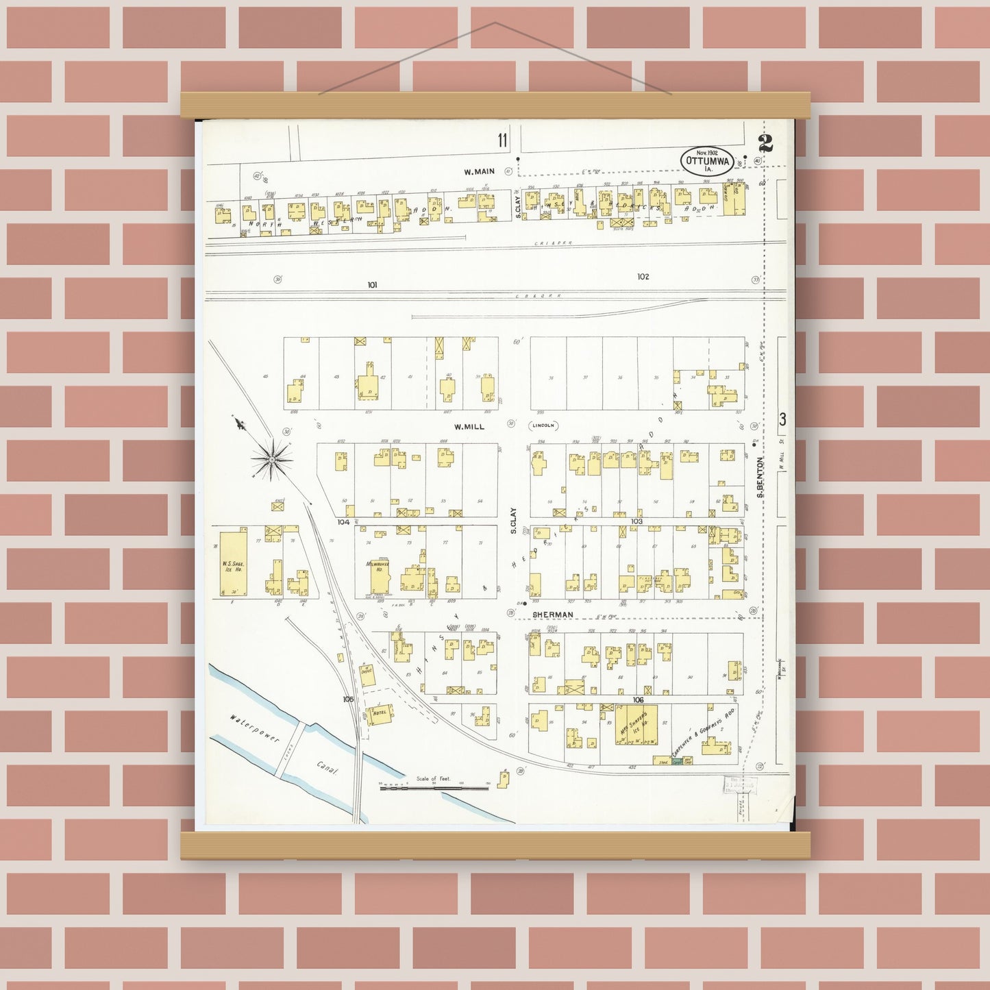 Old map wall art mockup — magnetic wood frame on brick wall — Sanborn Fire Insurance Map from Ottumwa, Wapello County, Iowa (1902), Sheet #0002