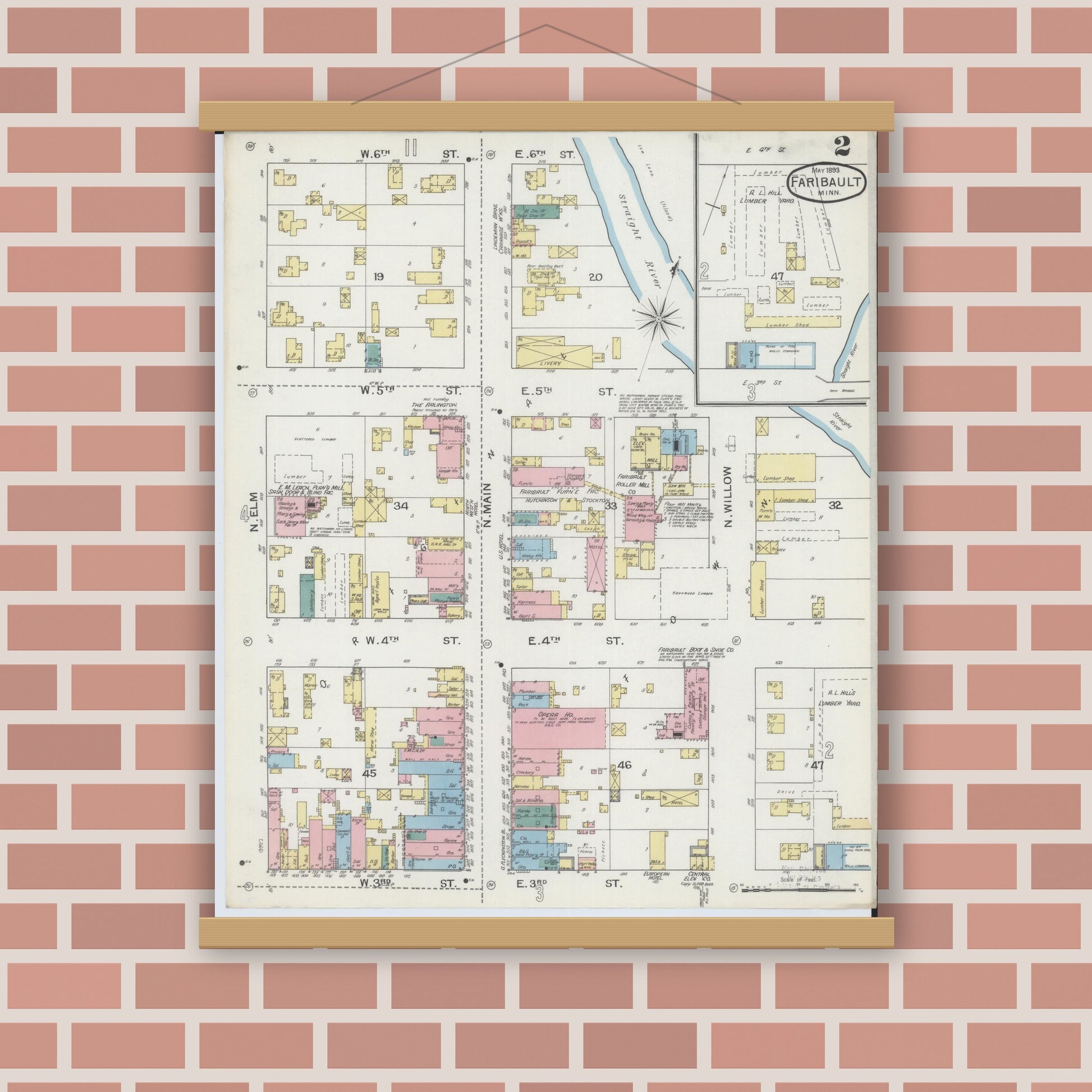 Old map wall art mockup — magnetic wood frame on brick wall — Sanborn Fire Insurance Map from Faribault, Rice County, Minnesota (1893), Sheet #0002