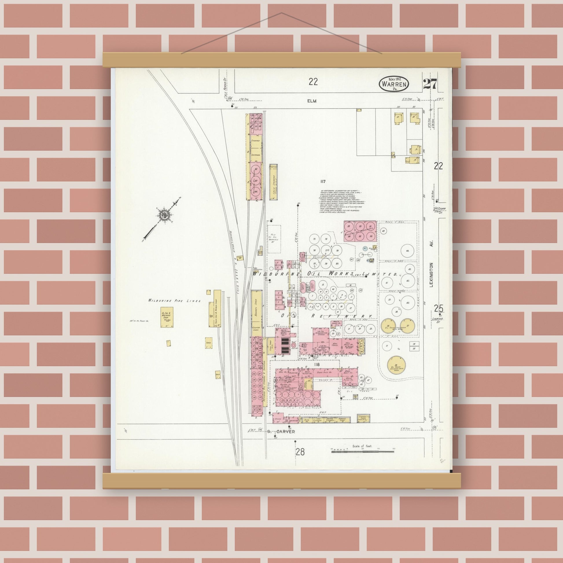 Old map wall art mockup — magnetic wood frame on brick wall — Sanborn Fire Insurance Map from Warren, Warren County, Pennsylvania (1912), Sheet #0027