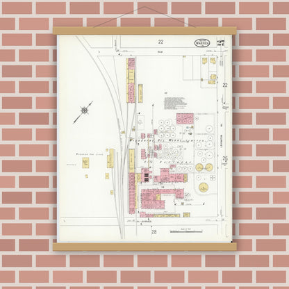 Old map wall art mockup — magnetic wood frame on brick wall — Sanborn Fire Insurance Map from Warren, Warren County, Pennsylvania (1912), Sheet #0027