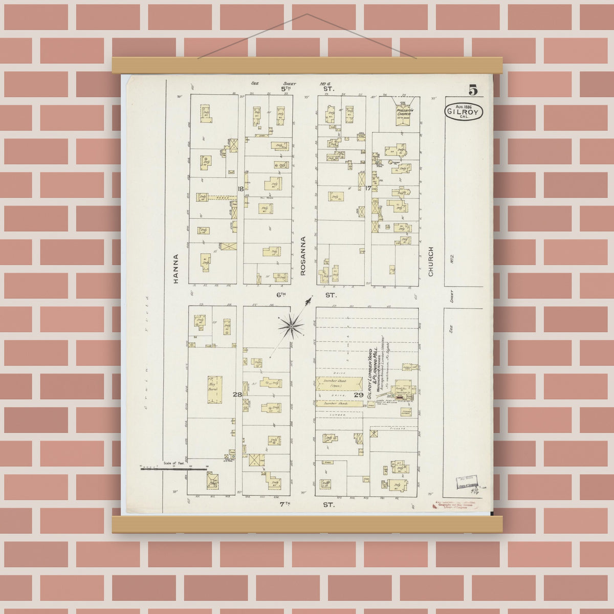 Old map wall art mockup — magnetic wood frame on brick wall — Sanborn Fire Insurance Map from Gilroy, Santa Clara County, California (1886), Sheet #0005